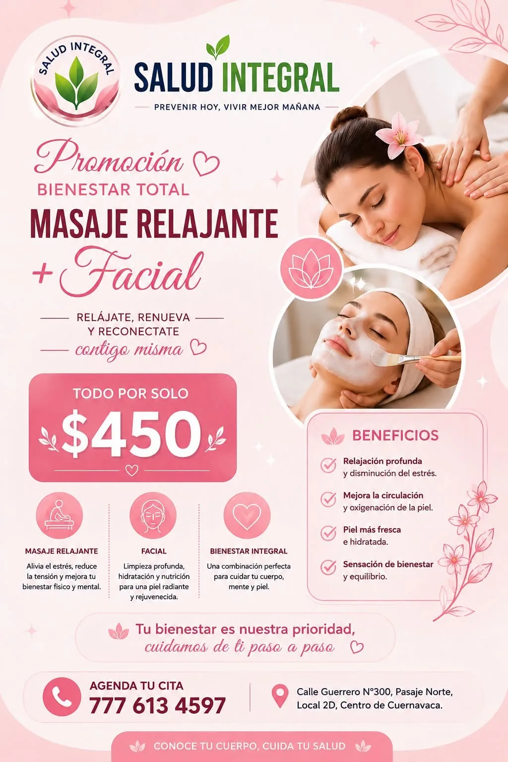 Masaje relajante y facial en Salud Integral